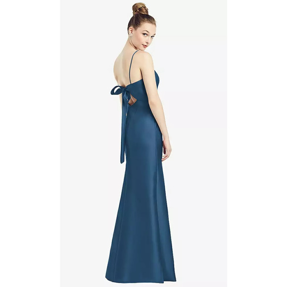 NEW Alfred Sung Sz 0 Open Back Bow Tie Satin Trumpet Gown Blue $236 msrp I24-11 - Picture 2 of 11